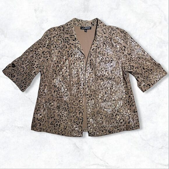 LINEAR Leopard Print Metallic Gold Crop Sleeve Open Front Stylish Jacket - Picture 2 of 8